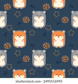 Hamster cartoon so cute. On cookie star blue background. Pattern seamless vector illustration. 