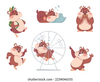 Hamster characters. Funny domestic fluffy animals in action poses home swanky pets exact vector cartoon hamsters