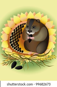 Hamster chews sunflower seeds while sitting on a sunflower hat