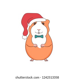 Hamster in a Christmas hat. Red cartoon hamster stands in a red cap on a white background. Vector illustration. 