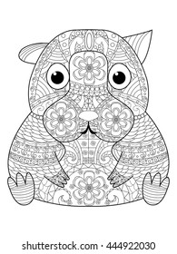 Hamster coloring book for adults vector illustration. Anti-stress coloring for adult. Zentangle style animal. Black and white lines. Lace pattern
