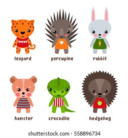 Hamster and crocodile cartoon characters. Set of smiling hedgehog and kid urchin, child of porcupine and funny alligator or croc, funny isolated baby leopard and rabbit with carrot. Zoo theme