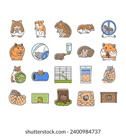 hamster cute animal pet icons set vector. funny rodent, adorable small, kawaii conceptual, spring bowl, little hamster cute animal pet color line illustrations