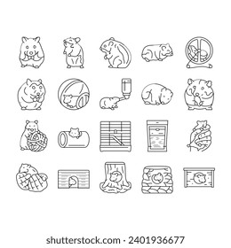 hamster cute animal pet icons set vector. funny rodent, adorable small, kawaii conceptual, spring bowl, little hamster cute animal pet black contour illustrations