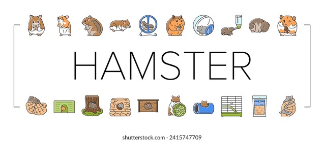 hamster cute animal pet icons set vector. funny rodent, adorable small, kawaii conceptual, spring bowl, little hamster cute animal pet color line illustrations