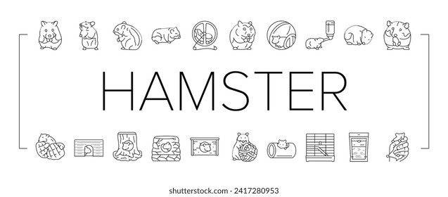 hamster cute animal pet icons set vector. funny rodent, adorable small, kawaii conceptual, spring bowl, little hamster cute animal pet black line illustrations