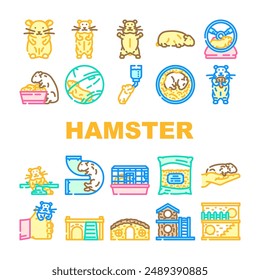 hamster hamster cute app pet coin icons set vector. rodent funny, syrian adorable, guinea bedding, animal little hamster hamster cute app pet coin color line illustrations