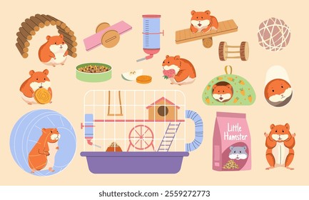 Hamster. Domestic funny pets in action poses with specific items cage toys food recent vector animals hamster