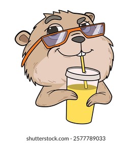 Hamster drinks juice from a plastic glass with a straw. Cartoon vector illustration isolated on white background