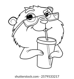 Hamster drinks juice from a plastic glass with a straw. Cartoon vector illustration isolated on white background