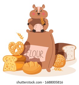 Hamster eat flour, small pest, rodent, flour, bread, isolated on white, flat vector illustration. Bakery product, bread product, cake. Cute character hamster sit on flour bag, rye.