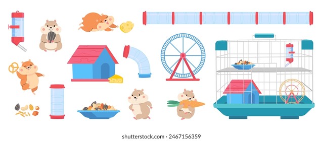 Hamster equipment. Cartoon hamsters, cage tools for playing, eating, drinking and training. Fatty fluffy domestic pets, run wheel, seeds nowaday vector clipart