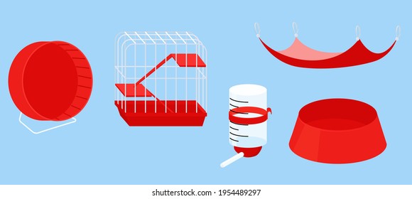 Hamster equipment icon collection isolated on blue. Pet cage, red plastic wheel and plate, and small drinker. Cartoon flat vector illustration set.