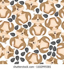 Hamster funny little animal eats sunflower seeds seamless pattern background vector character small rodent cute mouse pet illustration. Fluffy hamster mouse hungry pet.