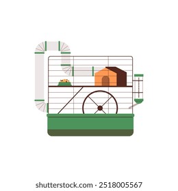 Gaiola verde hamster com túnel, roda de exercício, escada, garrafa de água, tigela de alimentação. Ilustração em desenho animado de vetor de casa para ratinho pequeno, rato isolado no branco. Acessório de cuidado de animais de estimação pequenos