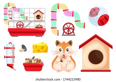 Hamster habitat, accessories. Rodent cage two level with tunnel, exercise wheel, water bottle, food dish, transparent ball.  Vector hamster isolated on white.