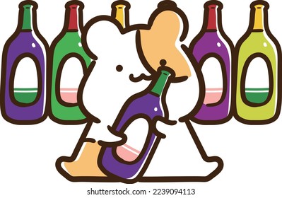 A hamster happily holding a bottle of wine in front of many wine bottles