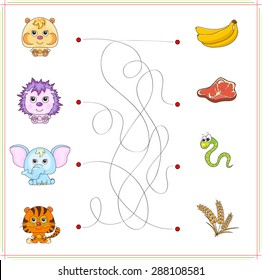 Hamster, hedgehog, elephant and tiger with their food (banana, meat, snake, worm, corn). Game for children: go through the maze and find the right answer