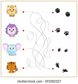 Hamster, hedgehog, elephant and tiger with their traces of foot. Game for children: go through the maze and find the right answer