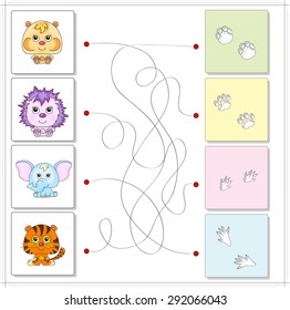 Hamster, hedgehog, elephant and tiger with their traces of foot. Game for children: go through the maze and find the right answer