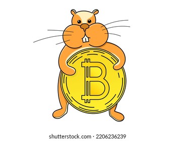 The hamster is holding a large Bitcoin coin. The concept of a novice trader and cryptocurrency.