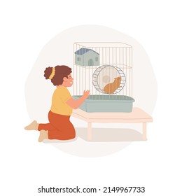 Hamster isolated cartoon vector illustration. Children watch little hamster running the wheel, having rodent as a pet, kids take care of domestic animal, family daily routine vector cartoon.