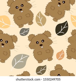 Hamster with leaves. Seamless hamster pattern with leaf. gentle background. Brown  children's pattern