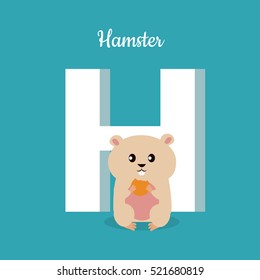 Hamster with letter H isolated on blue. Domestic hamster with biscuit. Part of alphabetic series with animals. Fluffy rodent animal. Small funny mouse. ABC, alphabet. Vector illustration