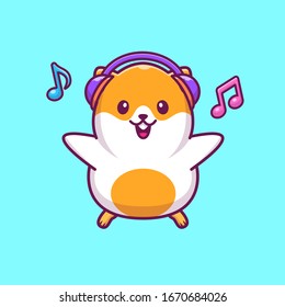 Hamster Listening Music Vector Icon Illustration. Hamster Mascot Cartoon Character. Animal Icon Concept White Isolated. Flat Cartoon Style Suitable for Web Landing Page, Banner, Flyer, Sticker, Card