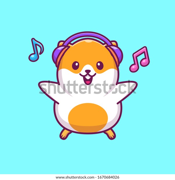 ハムスターのリスニング音楽ベクター画像アイコンイラスト ハムスターのマスコット漫画のキャラクター 白い背景に動物のアイコンコンセプト ウェブランディングページ バナー チラシ ステッカー カードに適した平らなカートーンスタイル のベクター画像素材