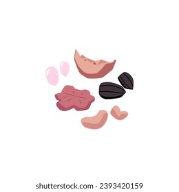 Hamster meal. Domestic rodents food. Seeds, nuts and cereals. Flat vector illustration isolated on white background.