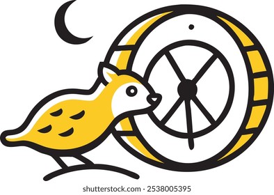 A hamster in motion on its wheel at night, with a small owl icon subtly present. The hamster looks lively and alert, with a white background focusing on the concept of nocturnal activity.