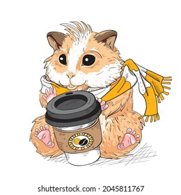 Hamster with a mug of coffee, hipster cozy print.