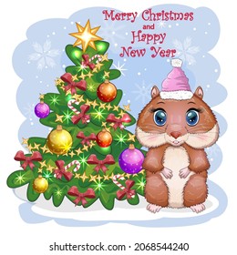 Hamster near the Christmas tree. Greeting Christmas card with funny hamster character. Winter, christmas, gifts and tree