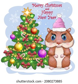 Hamster near the Christmas tree. Greeting Christmas card with funny hamster character. Winter, christmas, gifts and tree