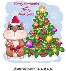 Hamster near the Christmas tree. Greeting Christmas card with funny hamster character. Winter, christmas, gifts and tree