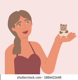 A hamster on the girl's hand. A beautiful young girl holds a cute rodent on her hand. The guinea pig. Animal care, love, protection. Vector cartoon illustration. A child plays with a hamster.