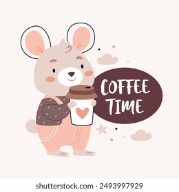 Hamster in overalls holding coffee. Text coffee Time.Cute cartoon Bohemian nursery posters in beige and gray colors. Boho vector print