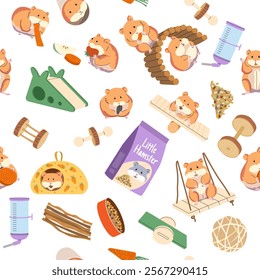 hamster pattern. domestic little animals hamster playground items toys and products. vector seamless background