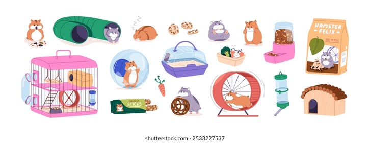 Conjunto de acessórios de hamster e animal de estimação. Roedor pequeno bonito, gaiola, roda, bola de exercício, túnel, brinquedos e comida. Animais domésticos, ração, material de brincar. Ilustração de vetor plano isolada no plano de fundo branco