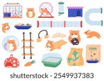 Hamster and pet accessories set elements in flat graphic design. Collection of cute domestic rodent, cage, feeder, drinker, food package, wheel, tunnel, ladder, toys and other. Vector illustration.