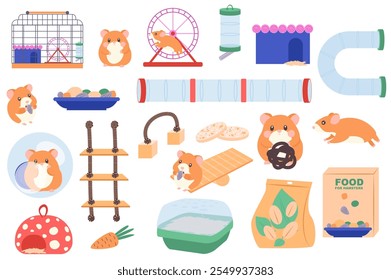 Hamster e acessórios para animais de estimação definem elementos em design gráfico plano. Coleção de roedor doméstico bonito, gaiola, alimentador, bebedor, pacote de alimentos, roda, túnel, escada, brinquedos e outros. Ilustração vetorial.