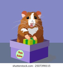 Hamster pet holding a small box in its paws, standing in a gift box on that written Happy Birthday. Vector illustration.