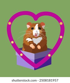 Hamster pet standing in a gift box in front of one heart shape. Vector illustration for t shith print design.