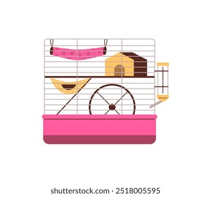 Hamster pink cage with tunnel, exercise wheel, ladder, water bottle, bed. Vector cartoon illustration of home for little mouse, rat isolated on white. Little pet animal care accessory