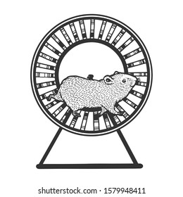 Hamster run in the wheel sketch engraving vector illustration. T-shirt apparel print design. Scratch board style imitation. Black and white hand drawn image.