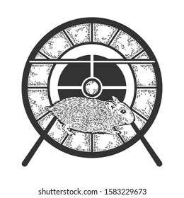 Hamster run in the wheel sketch engraving vector illustration. T-shirt apparel print design. Scratch board style imitation. Black and white hand drawn image.