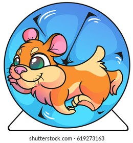 Hamster running in blue wheel, funny, cute, cartoon rodent, illustration, artwork.