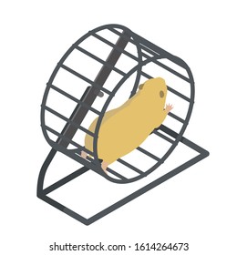 Hamster running in a wheel isometric illustration. Stock vector icon isolated on white background.