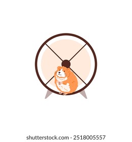 Hamster. Running wheel for a rodent. Fluffy cute home pet sitting. Animal with smooth orange fur. Accessory for the cage. Entertainment. Cartoon style. Vector illustration isolated on white background